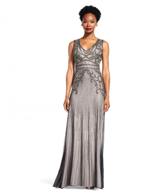 Aidan Mattox AP1E200237 Sleeveless V-Neckline Embellished Long Dress - 1 pc Platinum In Size 4 Available In Silver