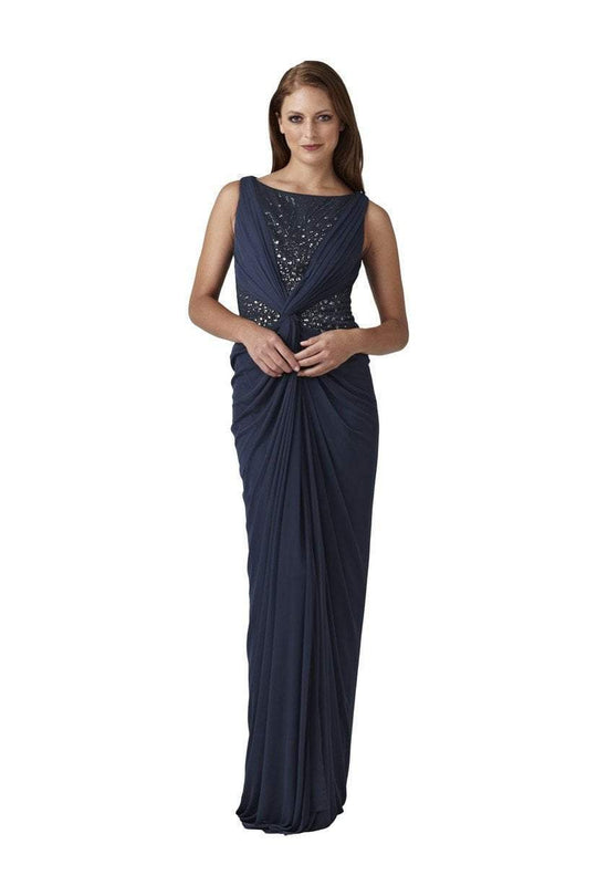 Adrianna Papell - 91872220 Embellished Bateau Ruched Chiffon Dress in Blue and Black