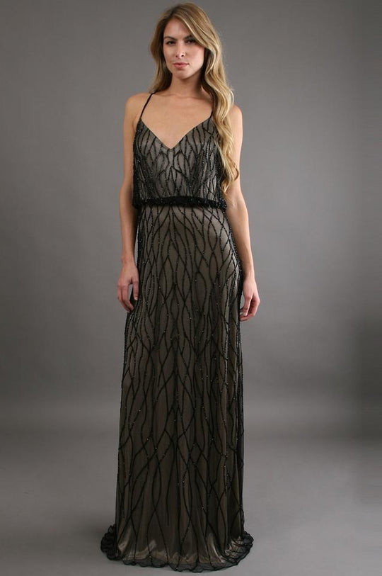 Adrianna Papell - 91860630 Beaded Mesh Blouson Sheath Gown in Black and Neutral