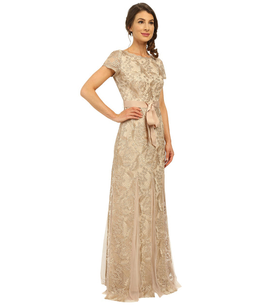 Adrianna Papell - 81930320 Bateau Embroidered Mesh Dress in Rose Gold