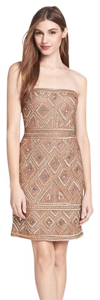 Adrianna Papell - Embellished Straight Across Neck Dress 41881470 in Brown