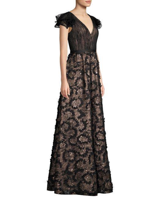 Aidan Mattox - MD1E203455 Ruffled Sleeves Embellished A-line Gown In Black and Nude
