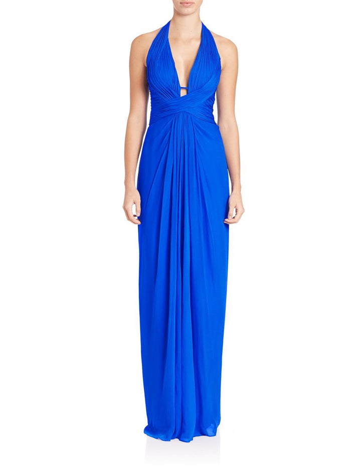 Aidan Mattox - 54469500 Plunging Halter Silk Draping Sheath Gown in Blue