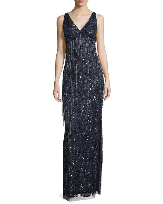 Aidan Mattox - MD1E200115 Beaded Fringe Column Gown in Black