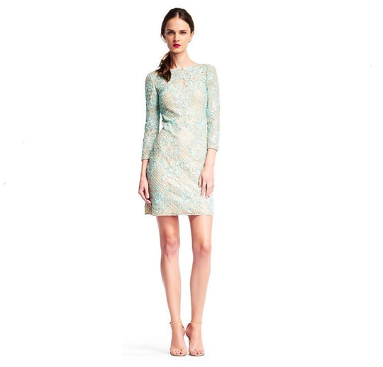 Aidan Mattox - MD1E200660 Embellished Lace Long Sleeve Sheath Dress In Green