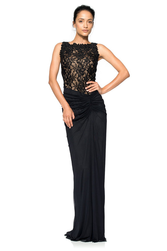 Tadashi Shoji - Lace Bodice Draped Tulle Long Gown In Black and Neutral