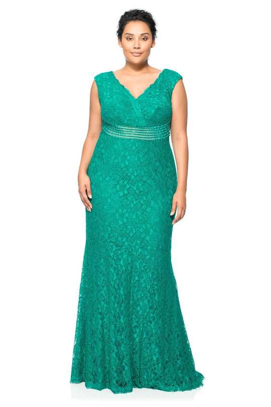 Tadashi Shoji - Jeweled Empire Waist Long Lace Gown In Green