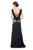 Tadashi Shoji - Metallic Adorned Swag Draped Back Gown In Black and Gold