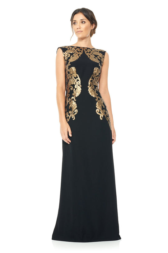 Tadashi Shoji - Metallic Adorned Swag Draped Back Gown In Black and Gold