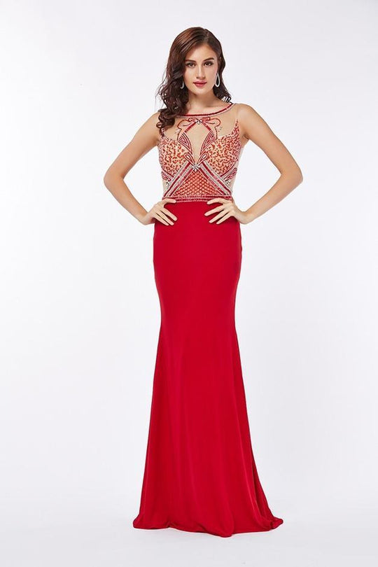 Angela & Alison - Sleeveless Hourglass Illusion Beaded Mermaid Dress In Red