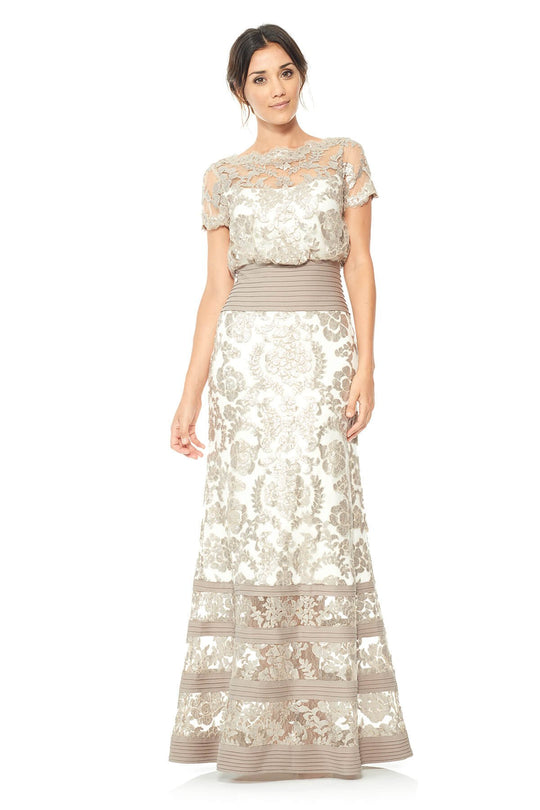 Tadashi Shoji - Sequin-Embroidered Short Sleeve Lace Gown In Neutral and White