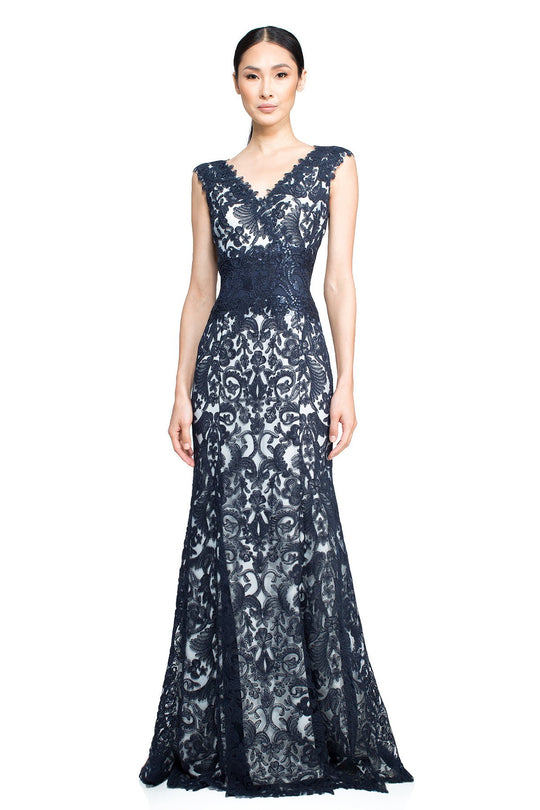 Tadashi Shoji - Sequined Empire Long Embroidered Gown In Blue and White
