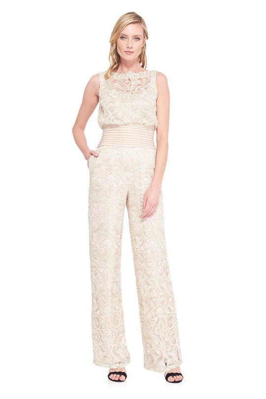 Tadashi Shoji - Blouson Bodice Embroidered Lace Jumpsuit In White and Neutral