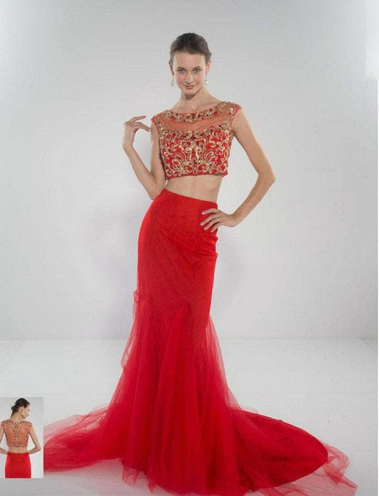Alyce Paris - Ornate Bateau Illusion Tulle Long Evening Gown with Flourish Beadwork and Chapel Train 2446 In Red