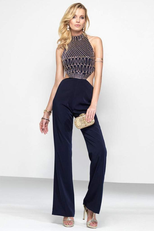 Alyce Paris - Lattice Beaded Embellished High Halter Jumpsuit 2577 In Blue