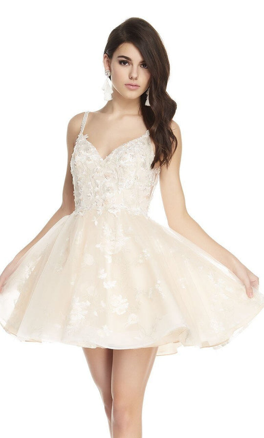 Alyce Paris - 2680 Lace Plunging V-Neck A-Line Dress In Neutral