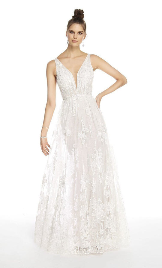 Alyce Paris - 2683 Long Beaded Floral Lace Scallop-Hem Dress In White