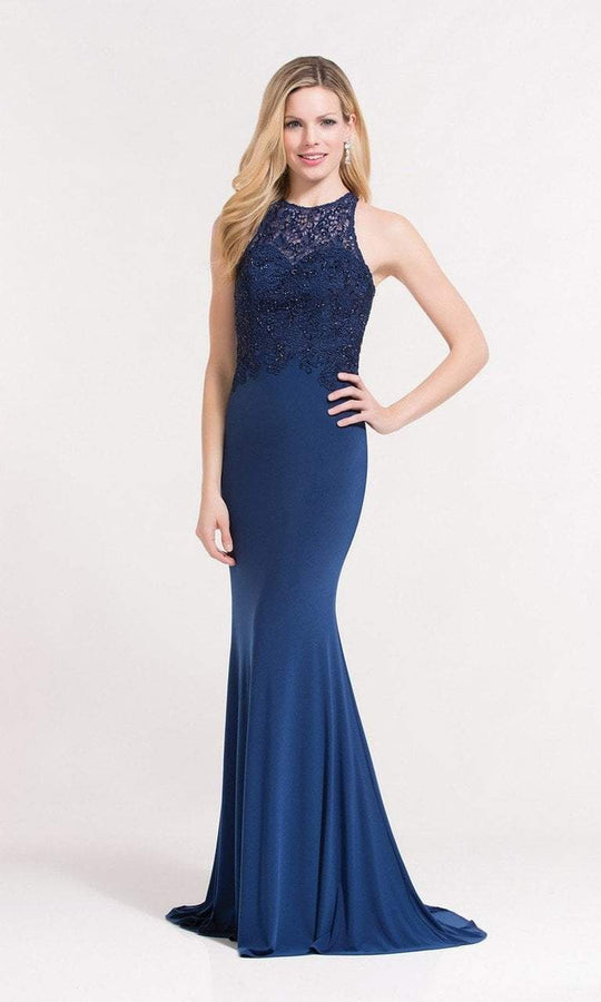 Alyce Paris - 27183 Halter Beaded Lace Jersey Evening Dress in Blue