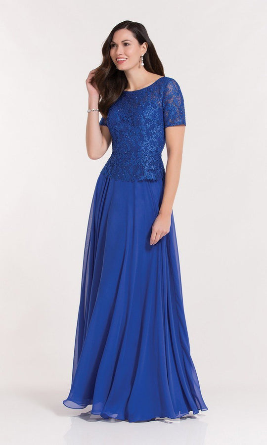 Alyce Paris - 27187 Short Sleeve Beaded Lace Chiffon A-line Gown in Blue