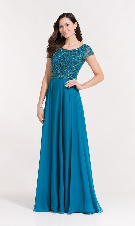 Alyce Paris - 27191 Embellished Short Sleeve Chiffon A-line Dress in Blue