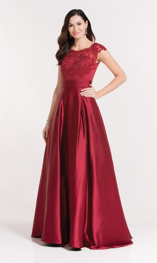 Alyce Paris - 27214 Cap Sleeve Beaded Lace A-line Satin Gown in Red