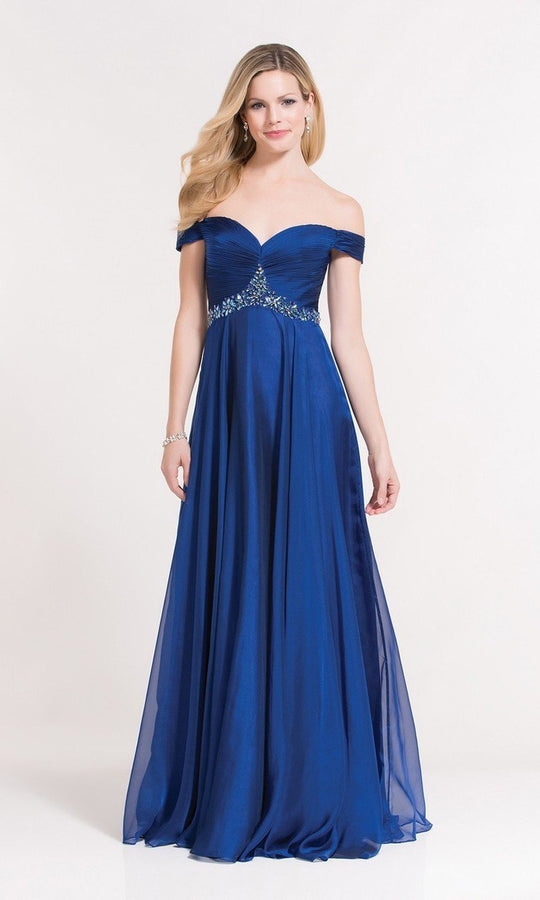 Alyce Paris - 27219 Floral Beaded Ruched Off-Shoulder A-line Dress In Blue