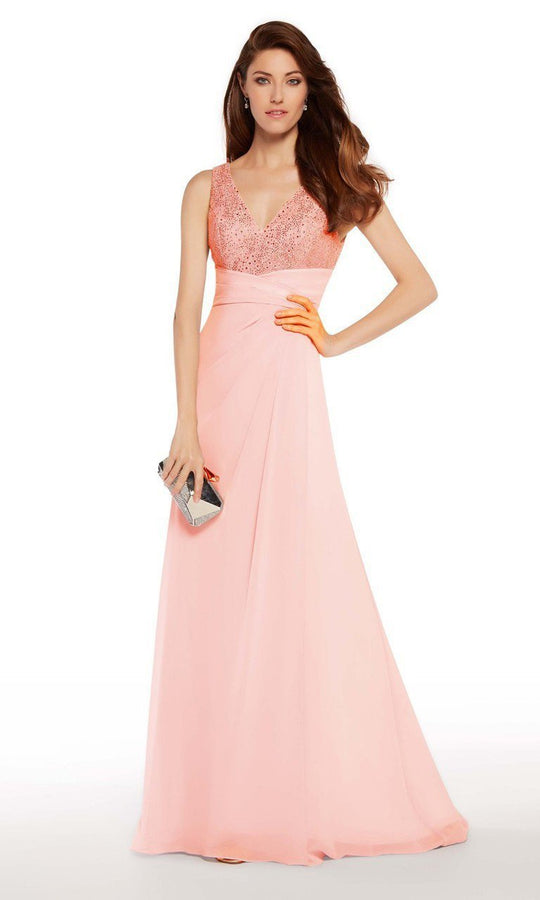 Alyce Paris - 27254 Lace Embellished V-neck Chiffon A-line Dress In Pink