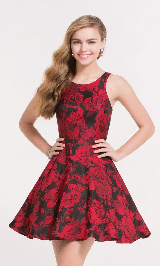 Alyce Paris - 3711 Scoop Floral Brocade Short Dress in Red and Black