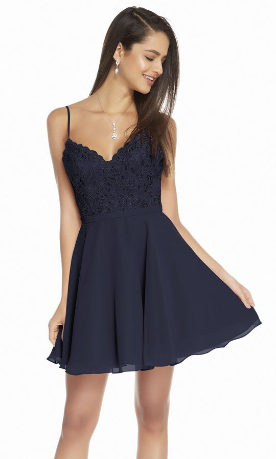 Alyce Paris - 3833 Beaded Lace V-neck A-line Cocktail Dress In Blue