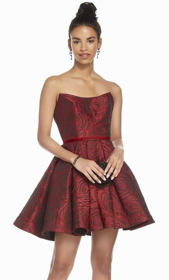 Alyce Paris - 3893 Strapless Jacquard Pleated A-line Dress In Red