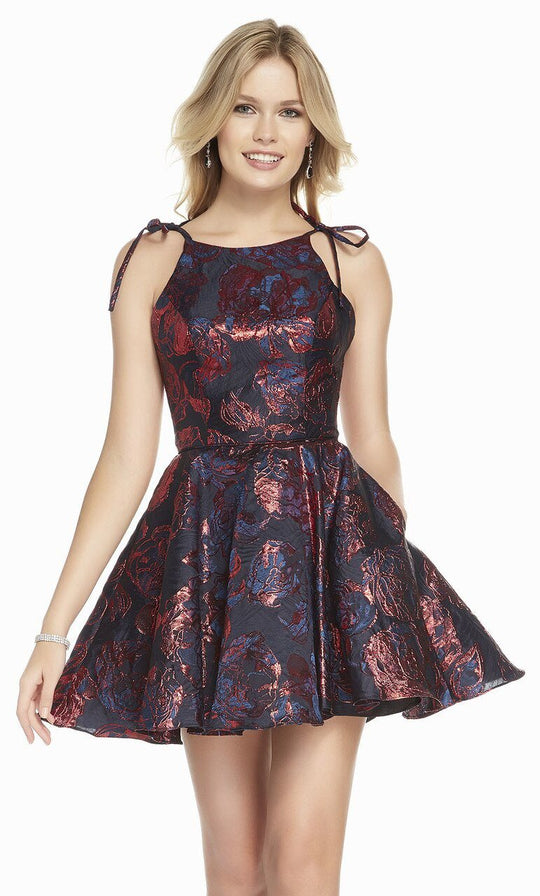 Alyce Paris - 3914 Jacquard Halter A-line Dress In Black and Red