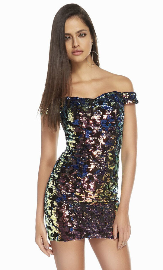 Alyce Paris - 4218 Off Shoulder Sequin Embellished Velvet Dress In Black and Multi-Color