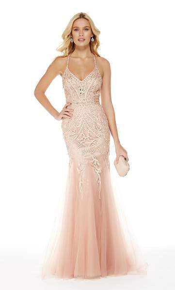 Alyce Paris - 5016 Lace V Neck Tulle Trumpet Gown In Pink
