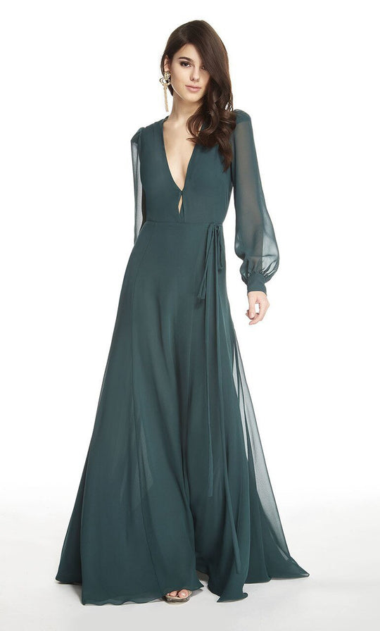 Alyce Paris - 60607 Low V-Neck Sheer Bodice Long Dress In Green and Gray