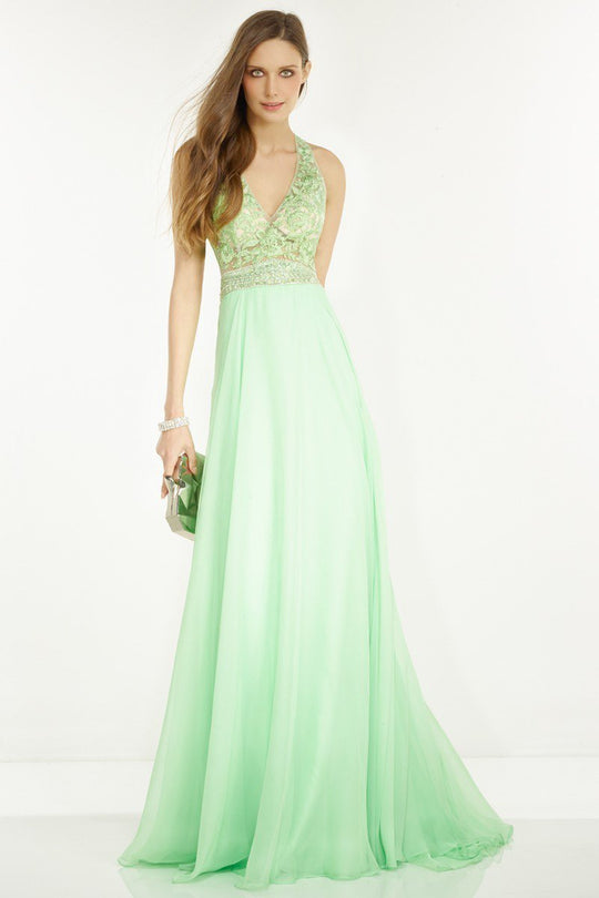 Alyce Paris - 6566 Bead Embroidered Halter V-neck Chiffon Dress In Green