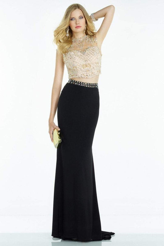 Alyce Paris - 6589 Two Piece Lattice Beadwork Jersey Sheath Dress In Black and Neutral