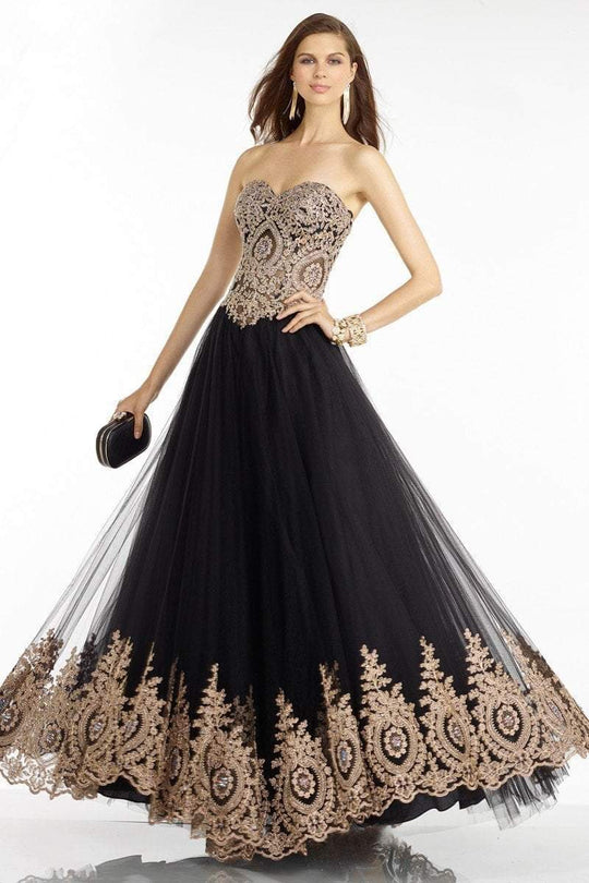 Alyce Paris - 6596 Metallic Lace Appliqued Strapless Tulle Gown In Black