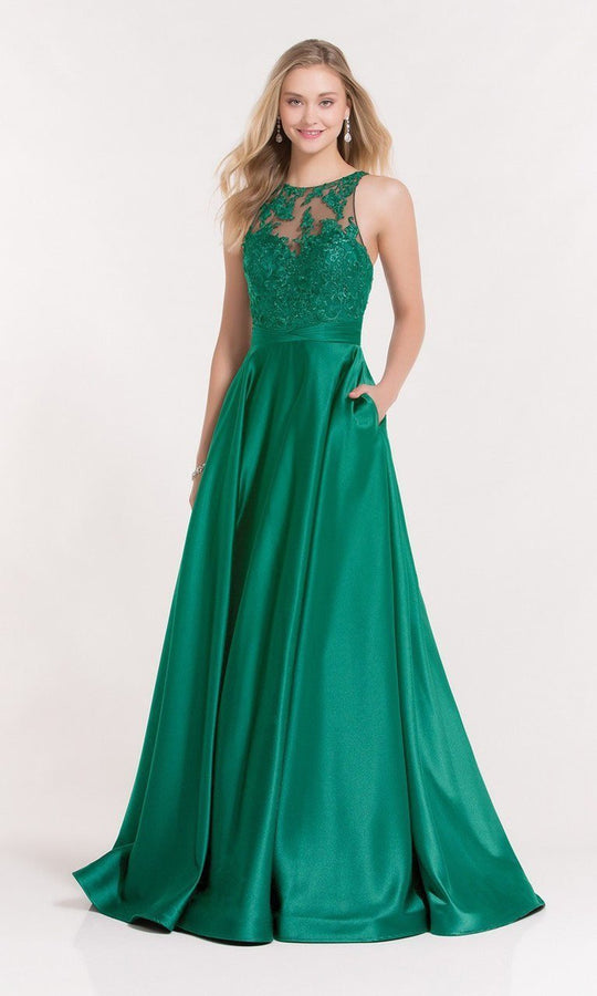 Alyce Paris - 6882 Lace Appliqued Halter Neck A-line Satin Gown In Green