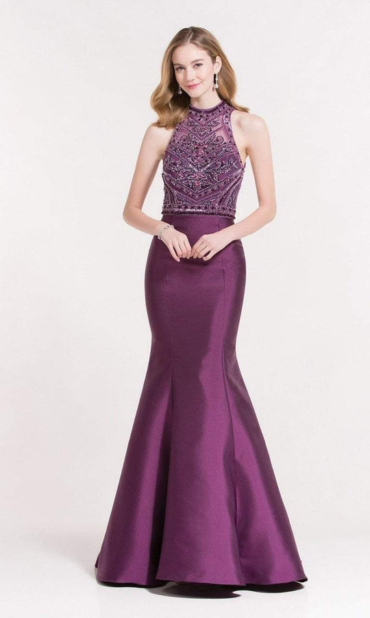 Alyce Paris - 6886 Beaded Halter Neck Mermaid Mikado Gown In Black and Purple