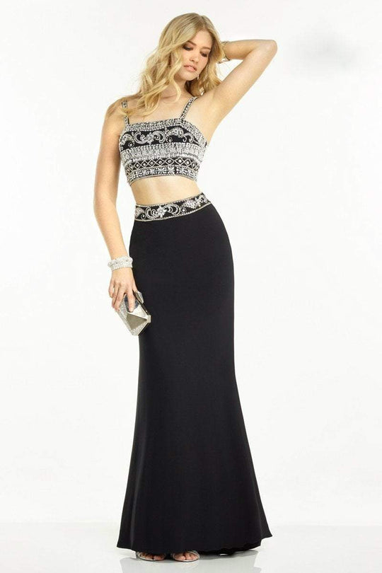 Alyce Paris - Crystal Embellished Two-Piece Sheath Long Evening Gown 35762 In Black and Silver