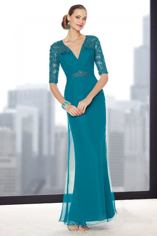 Alyce Paris Jean De Lys - 29711 V-Neck Chiffon and Lace Evening Gown in Blue