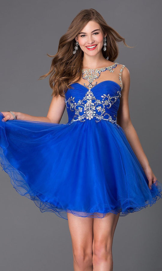 Alyce Paris Sweet 16 - 3674 Embellished Net Illusion Cocktail Dress in Blue