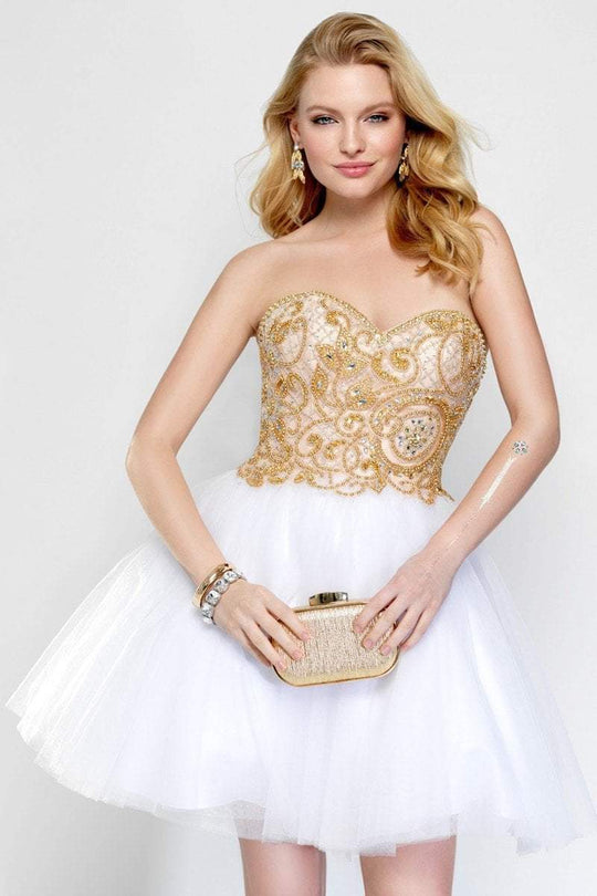 Alyce Paris Short - 3690 Bejeweled Sweetheart A-Line Dress in White and Gold