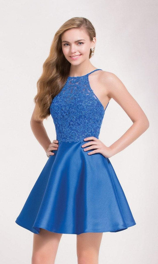 Alyce Paris - 3708 Halter Lace Cocktail Dress in Blue