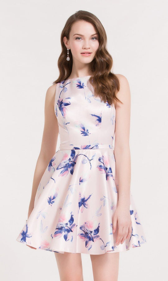 Alyce Paris Homecoming - 3710 Floral Bateau Neck A-Line Dress in Pink and Printed