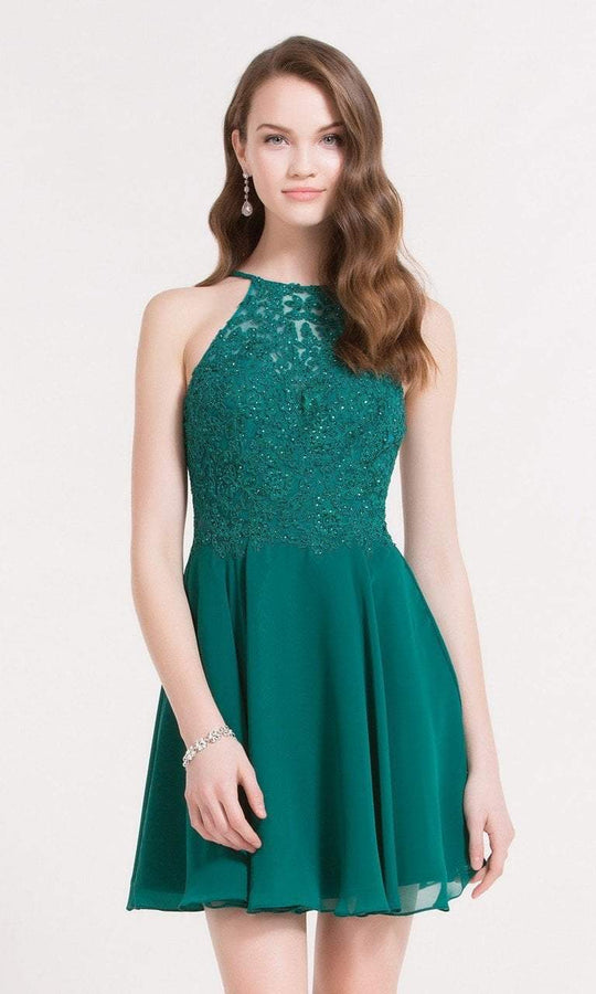 Alyce Paris Homecoming - 3714 Embroidered Halter Neck A-Line Dress in Green