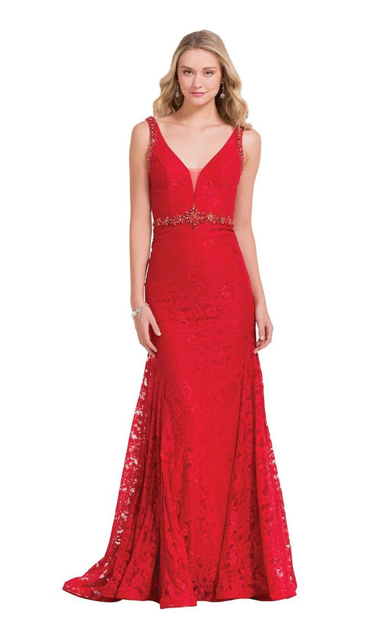 Alyce Paris  - 6884 Embellished V-neck Trumpet Dress in Red