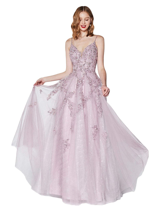 Cinderella Divine - AM106 Beaded Lace Deep V-neck Tulle A-line Dress In Pink