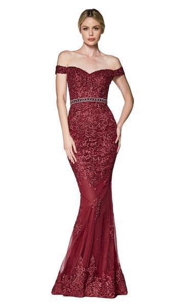 Cinderella Divine - Off Shoulder Beaded Lace Appliqued Gown AM122 In Red