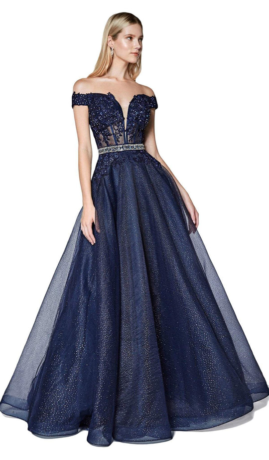 Cinderella Divine - AM140 Beaded Lace Deep Off-Shoulder Ballgown In Blue
